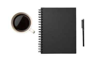 White coffee cup black notebook and pen on black background image, Isolated On Transparent Background, Png Cut Out
