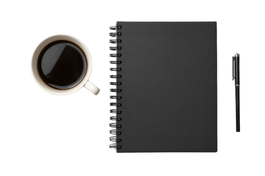 White coffee cup black notebook and pen on black background image, Isolated On Transparent Background, Png Cut Out