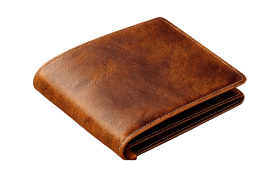 Brown leather bi fold wallet with white stitching on black background bi-fold, Isolated On Transparent Background, Png Cut Out