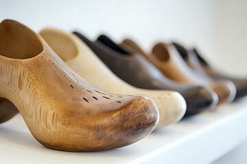 Row of Clogs Wooden Footwear, Light Brown, Dark Brown, White Background, Interior