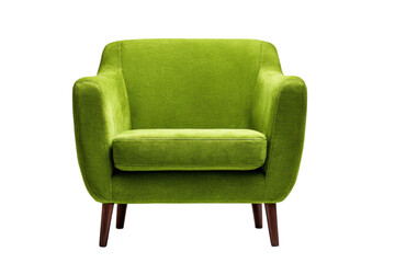 Bright green upholstered armchair with dark wooden legs on black background furniture lime, Isolated On Transparent Background, Png Cut Out