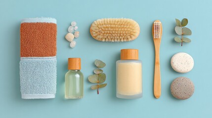 Obraz premium Child's Body Care Essentials, a top view of child-friendly cosmetics arranged on a minimalist surface, emphasizing cleanliness and simplicity in personal care for children.