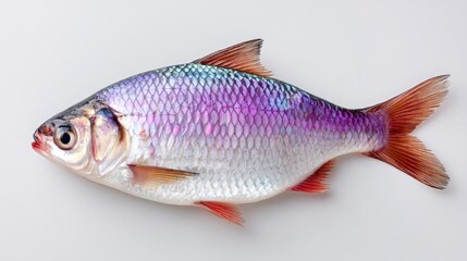 A Single Raw Fish With Iridescent Purple And Silver Scales And Red Fins Isolated On A Clean White Background With Studio Lighting