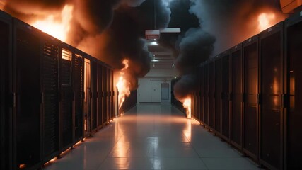 Server room catastrophe unfolds with intense flames and billowing smoke, highlighting critical data disaster