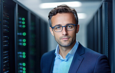 Confident IT Technician in Server Room. A confident IT technician stands in modern data center, surrounded by orange-lit servers, looking directly at camera.