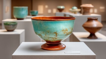 Ancient Ceramic Cup with Turquoise Glaze and Rustic Brown Base on Display at an Archaeological Exhibit with Soft Gallery Lighting