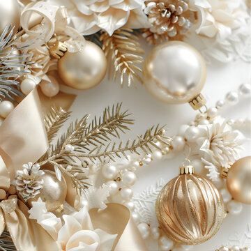 Luxury Christmas Ornaments in Soft Gold and Neutral Tones &ndash; Elegant Holiday Flat Lay Background