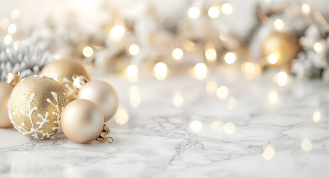 Luxury Christmas Ornaments in Soft Gold and Neutral Tones &ndash; Elegant Holiday Flat Lay Background