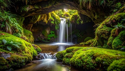 Naklejka premium Serene Ukiyo-e Digital Art: Hidden Cave Waterfall with Calming Ripples