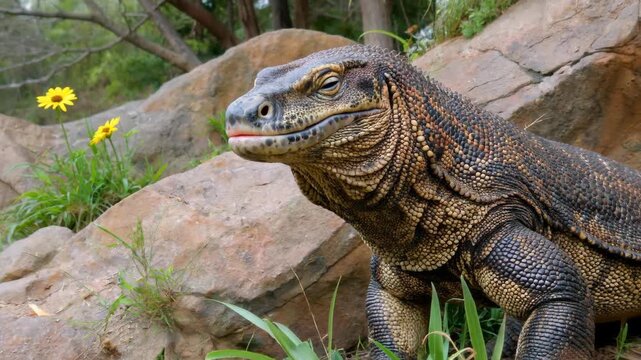 there is a large lizard that is sitting on the rocks