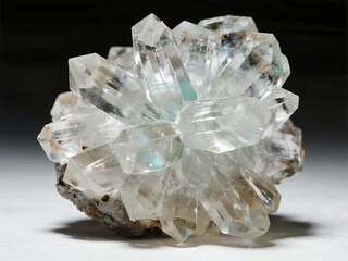 Cluster of transparent quartz crystals with hexagonal formations and natural matrix base