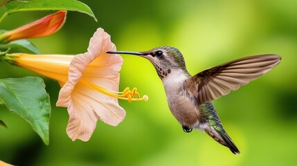 Fototapeta premium Hummingbird in flight, sipping nectar from a flower