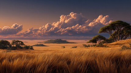 Obraz premium Majestic African Savannah at Sunset: Golden Grass, Dramatic Clouds, and Acacia Trees