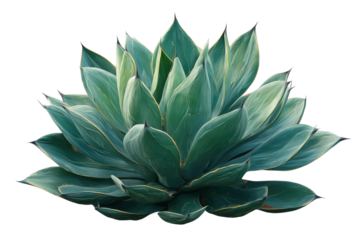 Teal blue agave plant with sharp pointed leaves and golden edges on black succulent, Isolated On Transparent Background, Png Cut Out