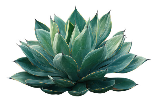 Teal blue agave plant with sharp pointed leaves and golden edges on black succulent, Isolated On Transparent Background, Png Cut Out