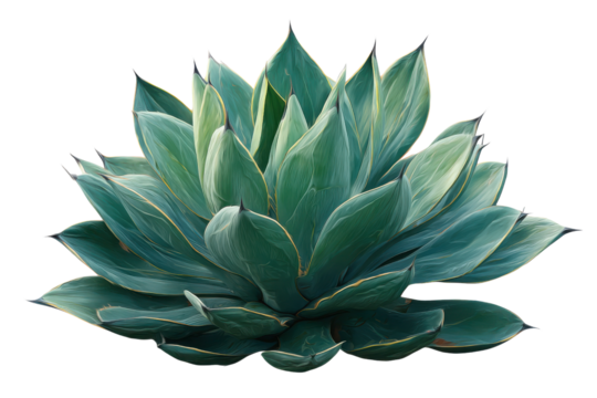 Teal blue agave plant with sharp pointed leaves and golden edges on black succulent, Isolated On Transparent Background, Png Cut Out - Powered by Adobe