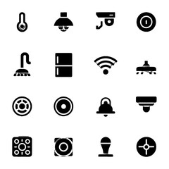 Collection of black and white icons representing smart home devices and technology features including temperature, lighting, security, Wi-Fi, and audio systems.