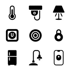Set of household and smart home icons including thermostat, security camera, lamp, power button, target, lock, refrigerator, desk lamp, and smartphone.