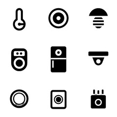Collection of black and white icons representing various electronic devices and sensors including cameras, thermostats, and security systems.