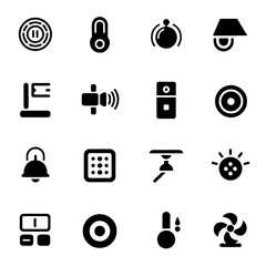 Set of black vector icons representing various smart home and electronic control devices including thermostats, sensors, fans, and lighting controls.