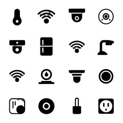 Collection of black and white icons representing smart home devices and connectivity features including cameras, Wi-Fi, sensors, locks, and power outlets.