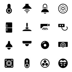 Collection of black silhouette icons representing various home automation and security devices including sensors, cameras, lighting, and control elements.
