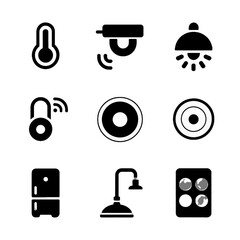 Set of smart home device icons including thermostat, security camera, light, lock, speaker, sensor, refrigerator, lamp, and control panel