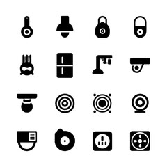 Set of black silhouette icons representing various electronic devices and security components