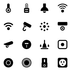 Collection of black and white icons representing smart home and security devices including Wi-Fi, cameras, locks, sensors, and power outlets.