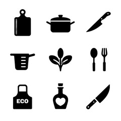 Set of black kitchen and cooking icons including utensils, cookware, and eco-themed elements