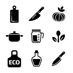 Set of kitchen-related icons including cutting board, knife, onion, pot, measuring cup, herb, apron with eco label, oil bottle, and chef's knife