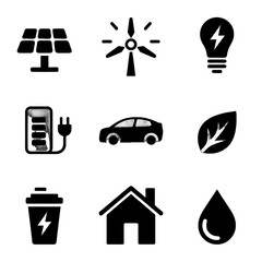Set of icons representing renewable energy, sustainability, and eco-friendly technologies including solar panels, wind turbines, electric vehicles, and recycling.