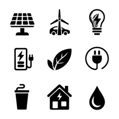 Set of icons representing renewable energy sources, sustainability, and eco-friendly technology