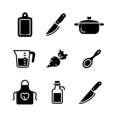 Set of kitchen utensils and cooking tools icons including cutting board, knife, pot, measuring cup, carrot, spoon, apron, bottle, and chef's knife