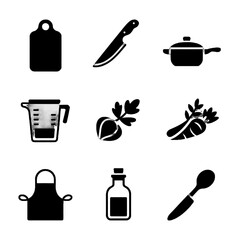 Set of black kitchen icons including cutting board, knife, pot, measuring cup, beet, carrot, apron, bottle, and spoon