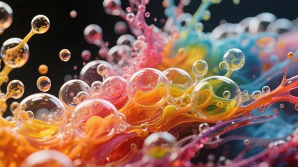 Colorful liquid bubbles and droplets in dynamic motion against a dark background