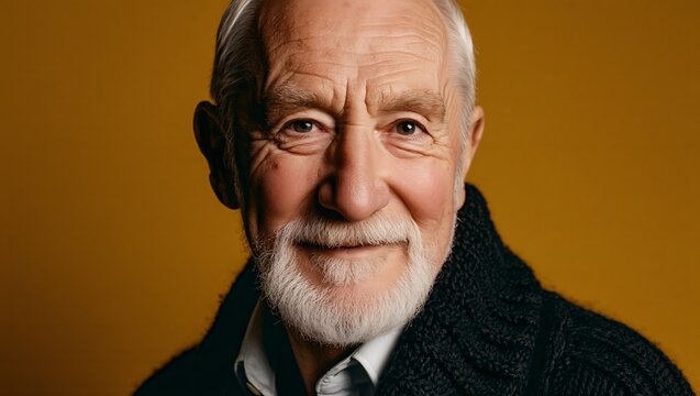 Close up portrait of a distinguished elderly man with a white beard and kind eyes