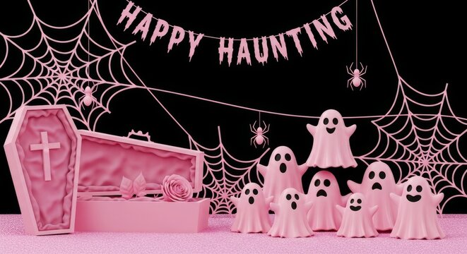 Cute Pink Halloween Scene: 3D render of ghosts, coffin, spiders, and "Happy Haunting" banner on glitter background.