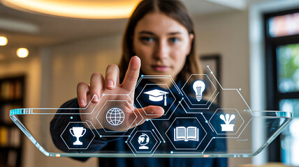 Person interacting with transparent digital interface of hexagonal icons representing education, innovation, global connectivity, and sustainability