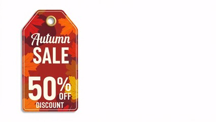 Autumn sale tag featuring 50 percent off discount with fall leaf pattern