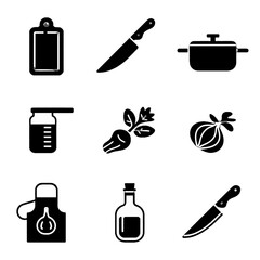 Set of kitchen-related icons including cutting board, knife, pot, measuring cup, herbs, onion, apron, bottle, and chef's knife