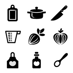 Set of black silhouette icons representing kitchen tools and ingredients including a cutting board, pot, knife, measuring cup, avocado, onion, apron, bottle, and spoon.