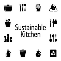 Sustainable Kitchen icons featuring eco-friendly cooking tools and practices