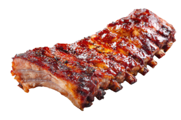 Glazed pork ribs with dark sauce and visible bones on black background meat food, Isolated On Transparent Background, Png Cut Out