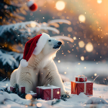 Cute Polar Bear with Santa Hat and Christmas Gifts in Snowy Forest &ndash; Festive Winter Holiday Scene