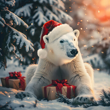 Cute Polar Bear with Santa Hat and Christmas Gifts in Snowy Forest &ndash; Festive Winter Holiday Scene