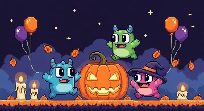 Pixel Art Halloween Night Banner with Cute Monsters Running Around a Jack-o'-Lantern, Balloons, and Candles in Retro 8-bit Video Game Style.