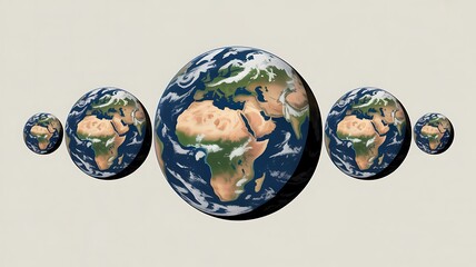 Multiple earth globes of varying sizes arranged in a row