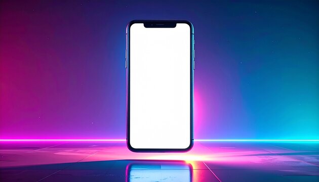 Smartphone Display with Empty Screen on Neon Background
