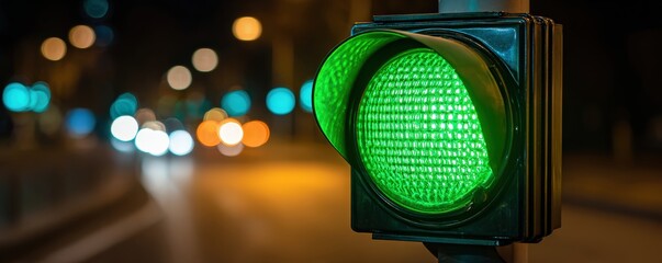 A glowing green traffic light at night, signaling vehicles to proceed along a blurred street illuminated by distant lights.